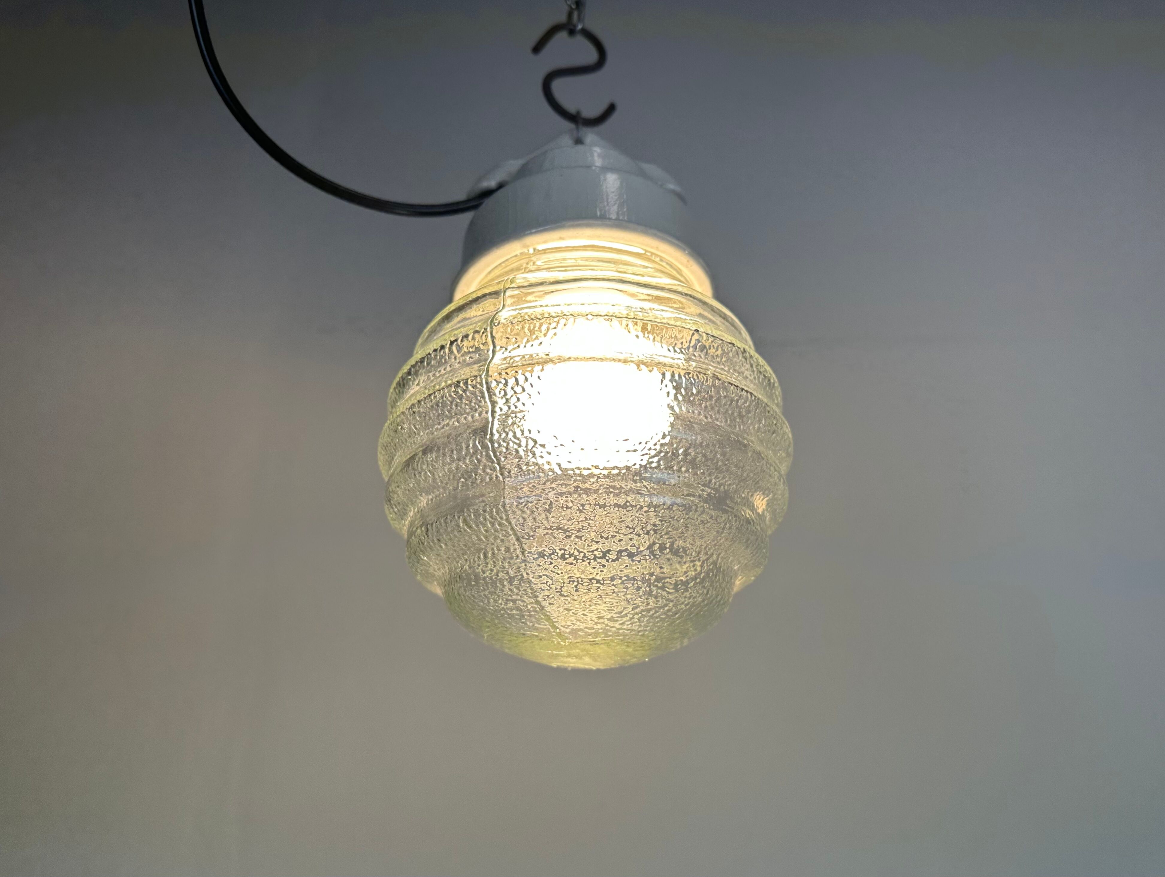 Industrial white porcelain pendant light with ribbed glass, 1970s