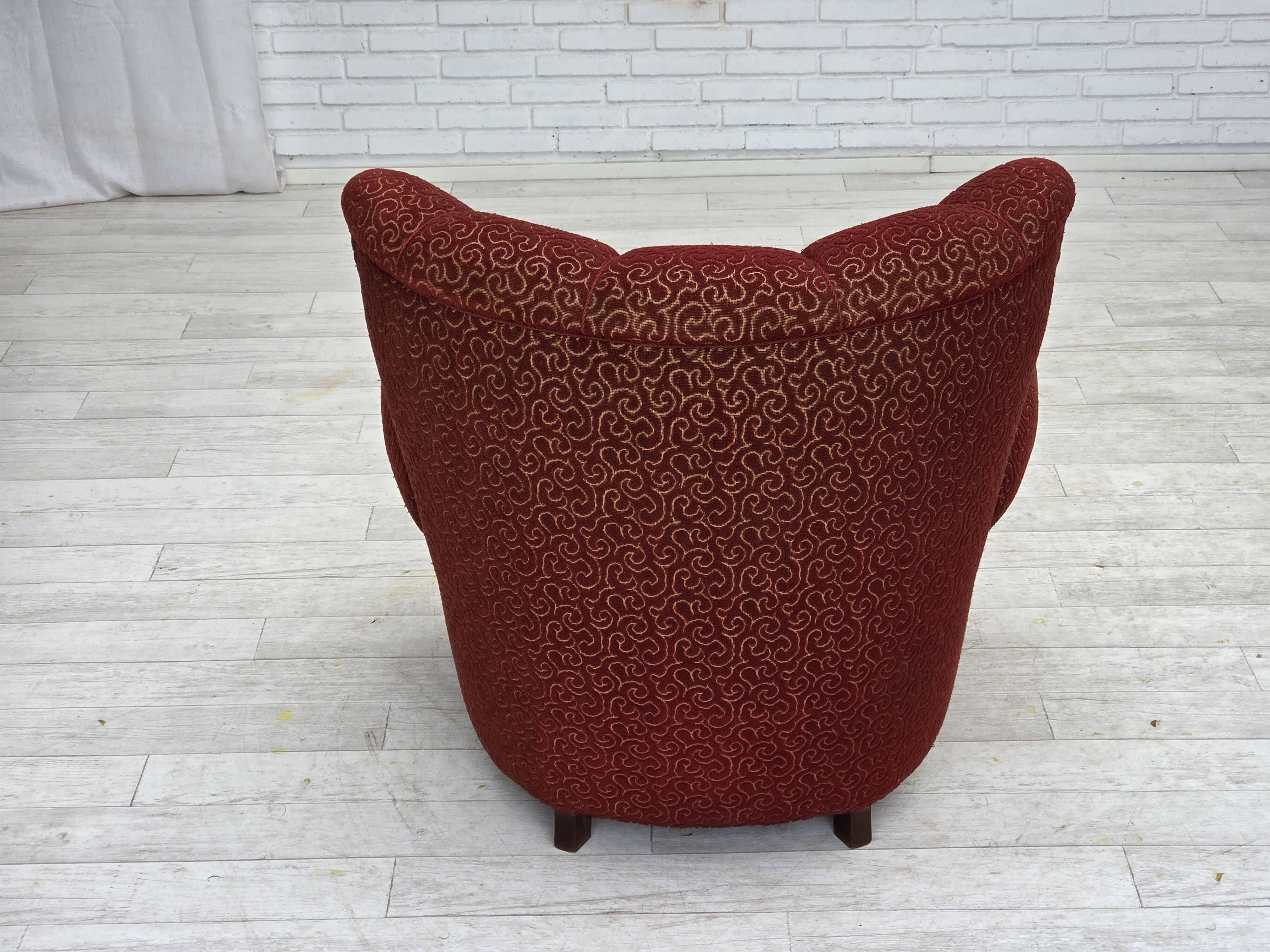1960s, Danish relax armchair, original red furniture wool, oak wood legs.
