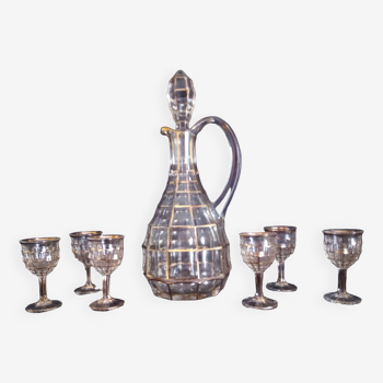 Liqueur service for 6 people in Bohemian cut crystal, gold leaf gilding