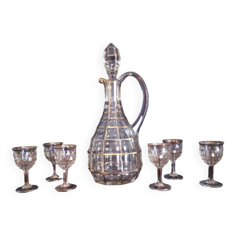 Liqueur service for 6 people in Bohemian cut crystal, gold leaf gilding