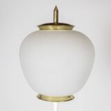Floor lamp in opaline, lacquered metal and golden brass. 1950s.
