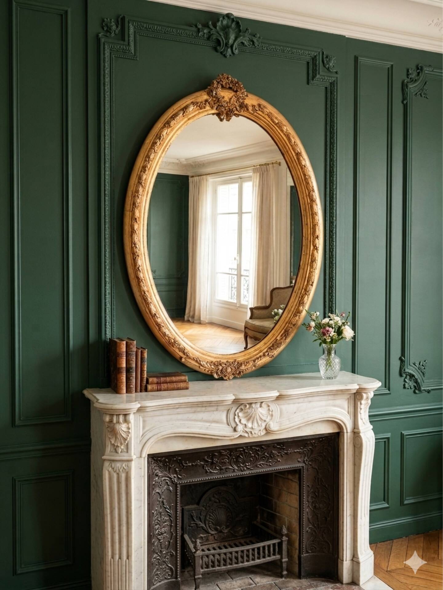 Gold oval mirror refurbished with a pediment — Louis XVI / Napoléon III style