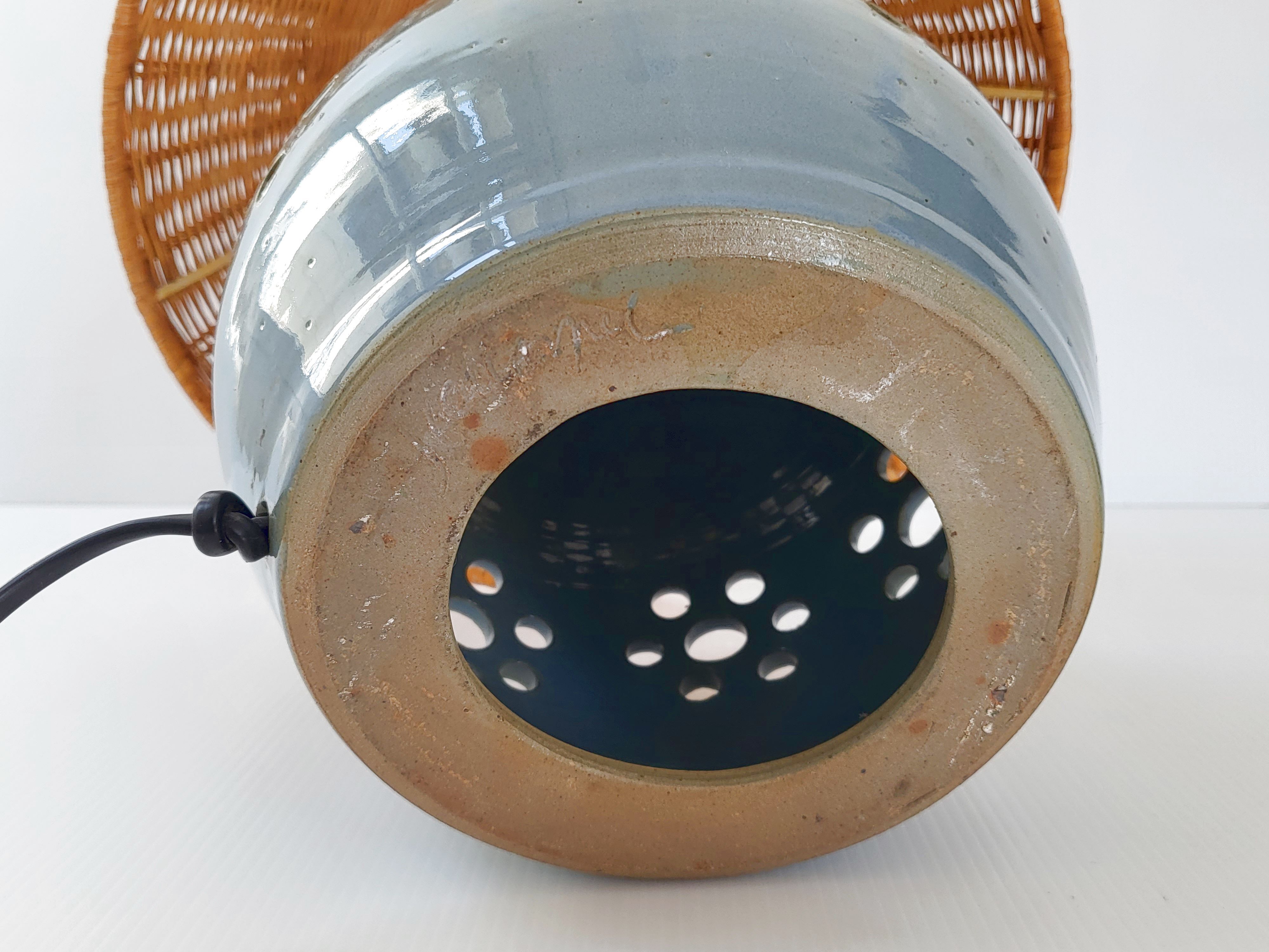 Vintage lamp in stoneware & rattan 1970