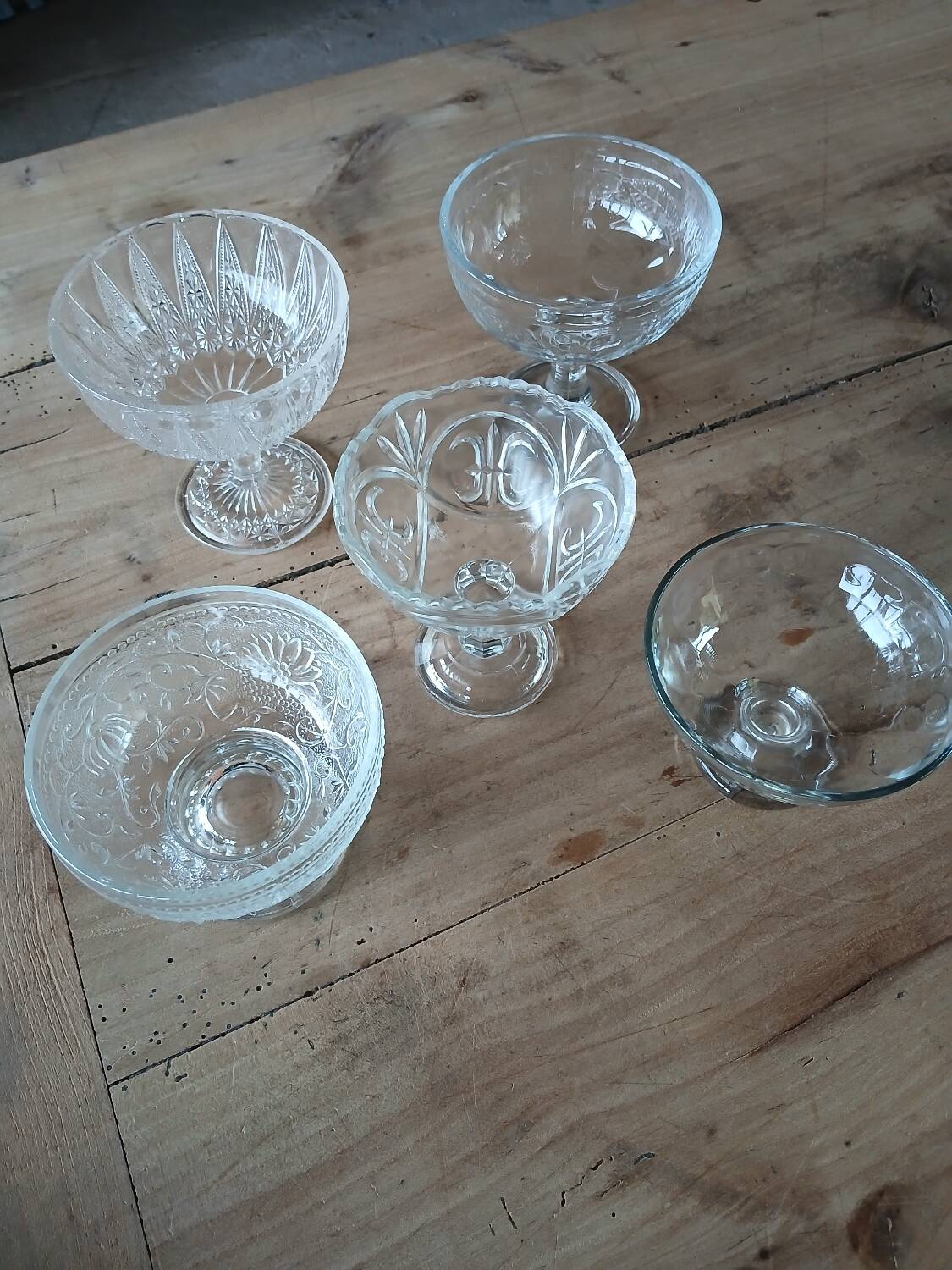 5 antique clear glass cups