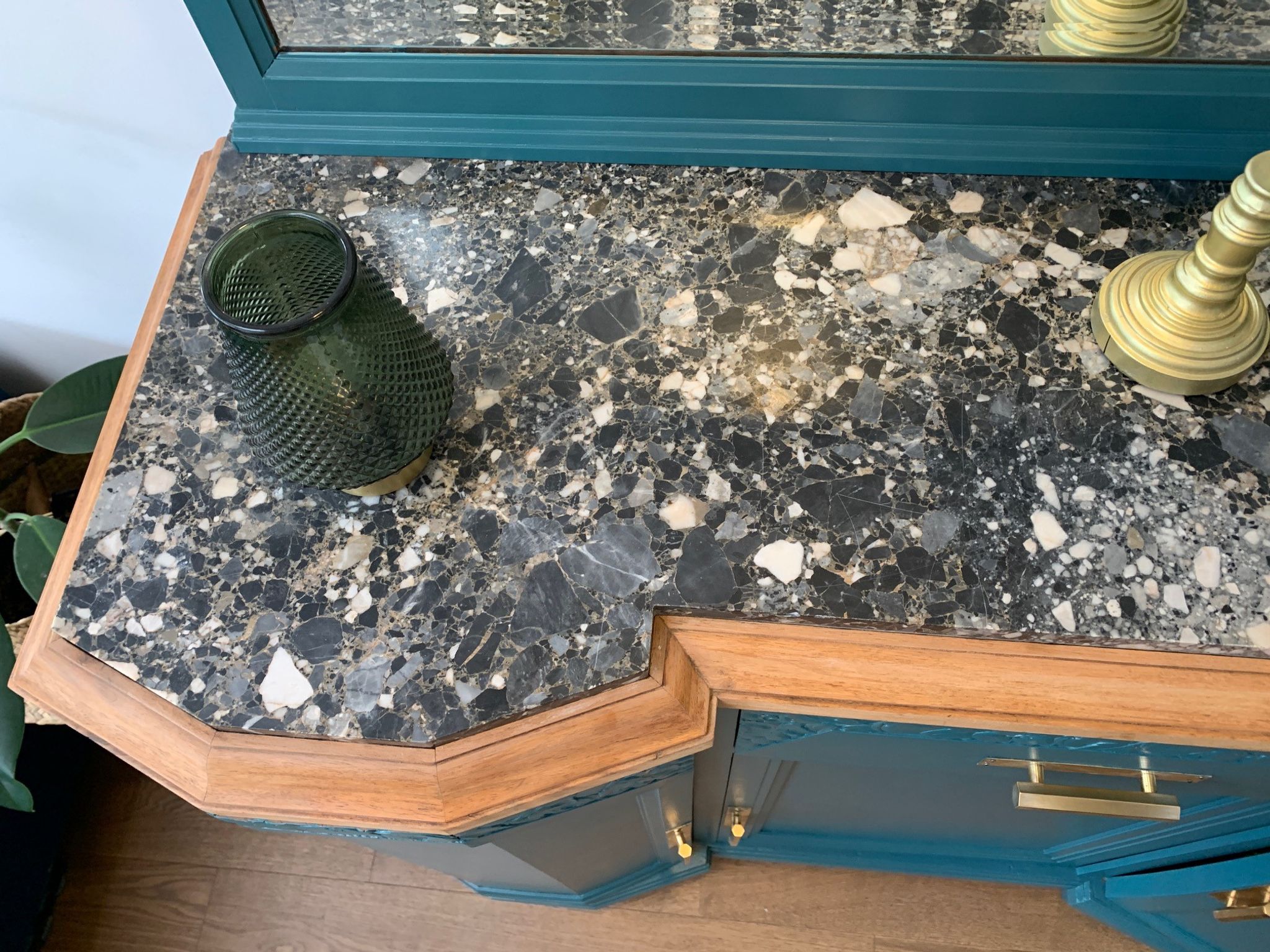 Art deco sideboard restyled blue green duck, marble top, brass handles, vintage shabby chic