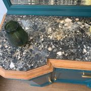 Art deco sideboard restyled blue green duck, marble top, brass handles, vintage shabby chic