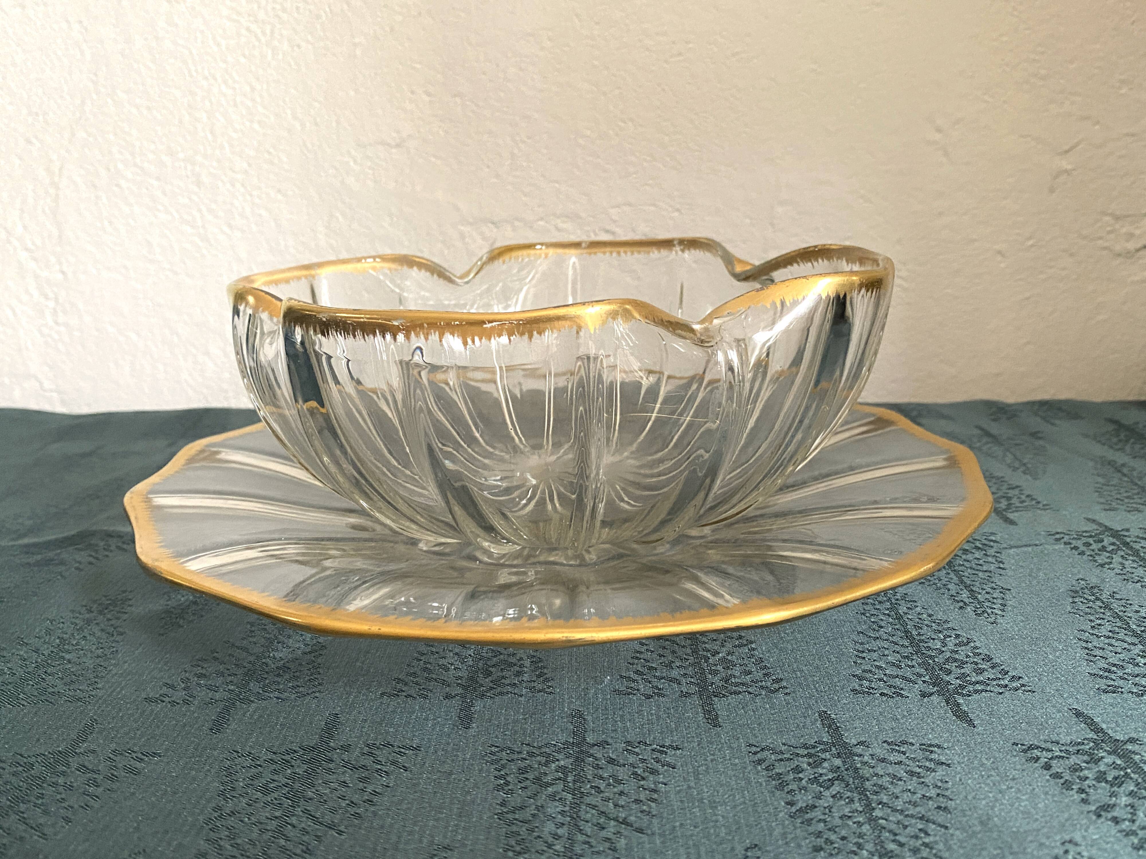 Daum Nancy Crystal cup and tray service, Ducal model, gold combed