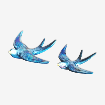 Trio iridescent ceramic wall swallows