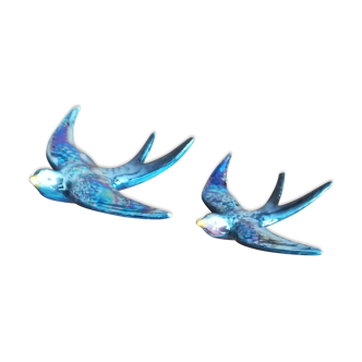 Trio iridescent ceramic wall swallows