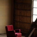 Pair of modern Danish lounge chairs, cherry red velvet, 1950s.