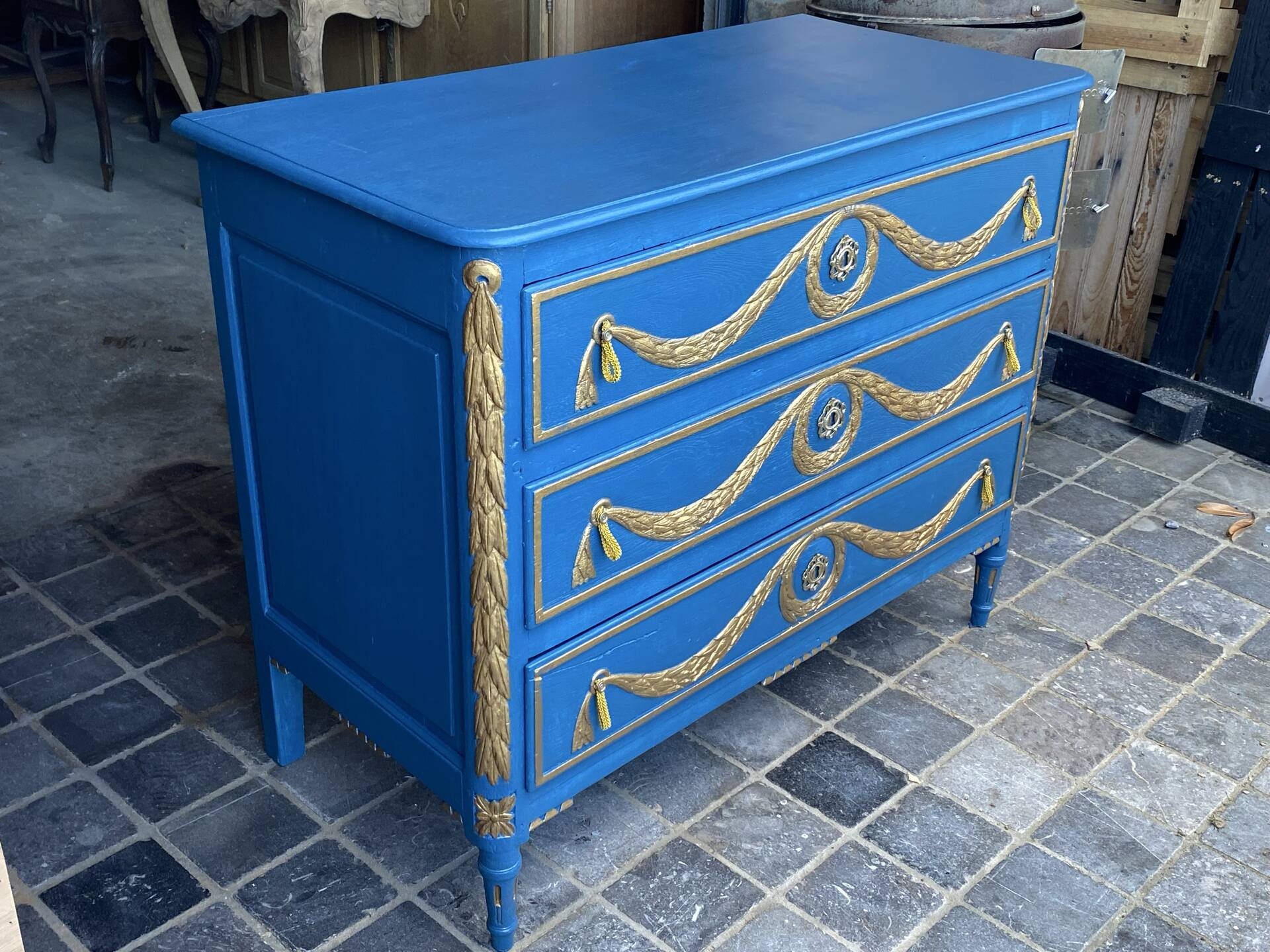 Commode Louis XVI Relookée Bleu Roi et Dorures