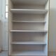 Vintage bookshelf in oak veneer, pearl grey interior, metal legs.