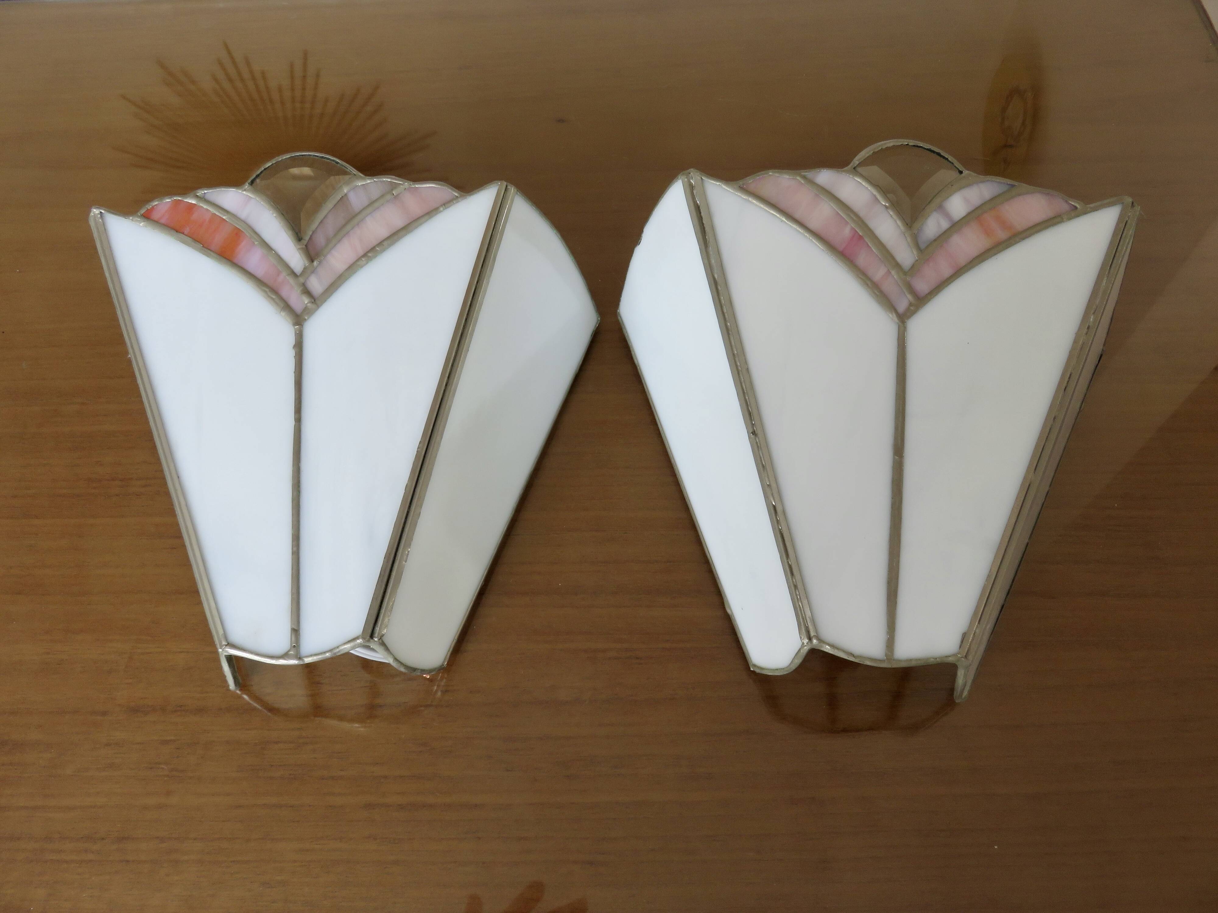 Pair of white and pink glass paste wall lights, Italy, Art Deco style