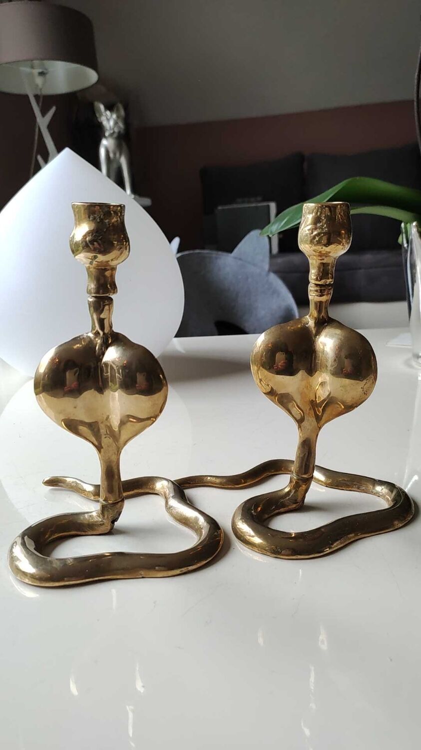 Pair of Zoomorphic candlesticks cobras, brass. Art Deco