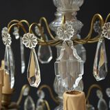 Chic lustre à pampilles bronze doré 6 feux enfilage verre ancien
