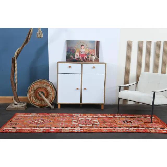 1970s Turkish Oushak Handmade Wool Cotton Orange Runner Rug 79x254