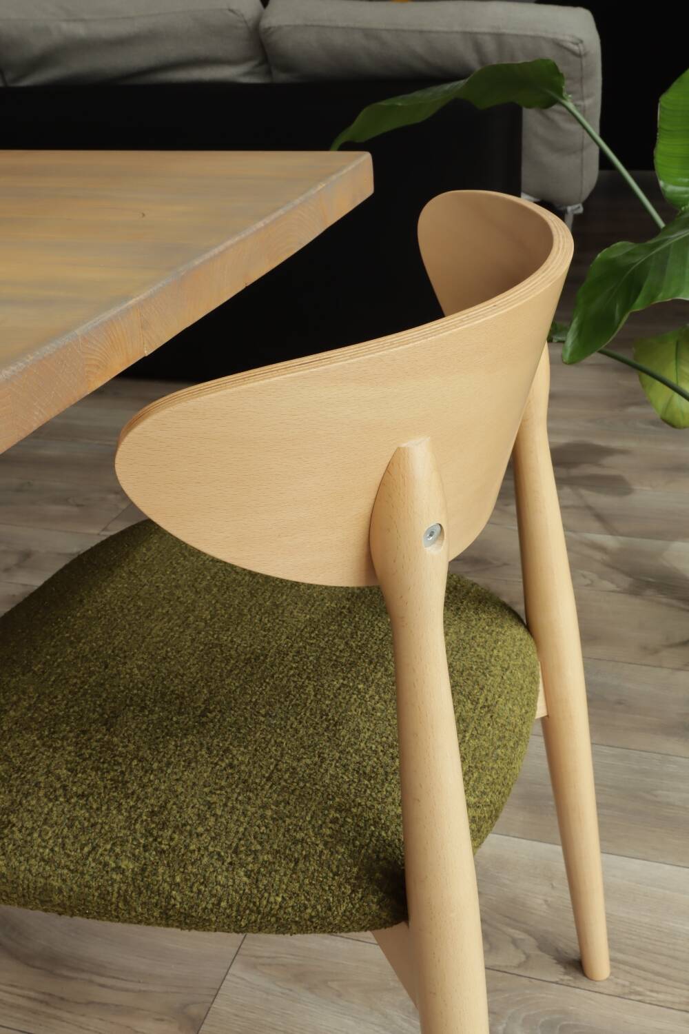 Natural Dining Chair with green upholstery, new modern design vintage style