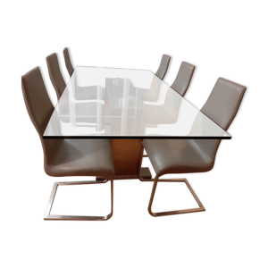 Table en verre et chaises - cuir