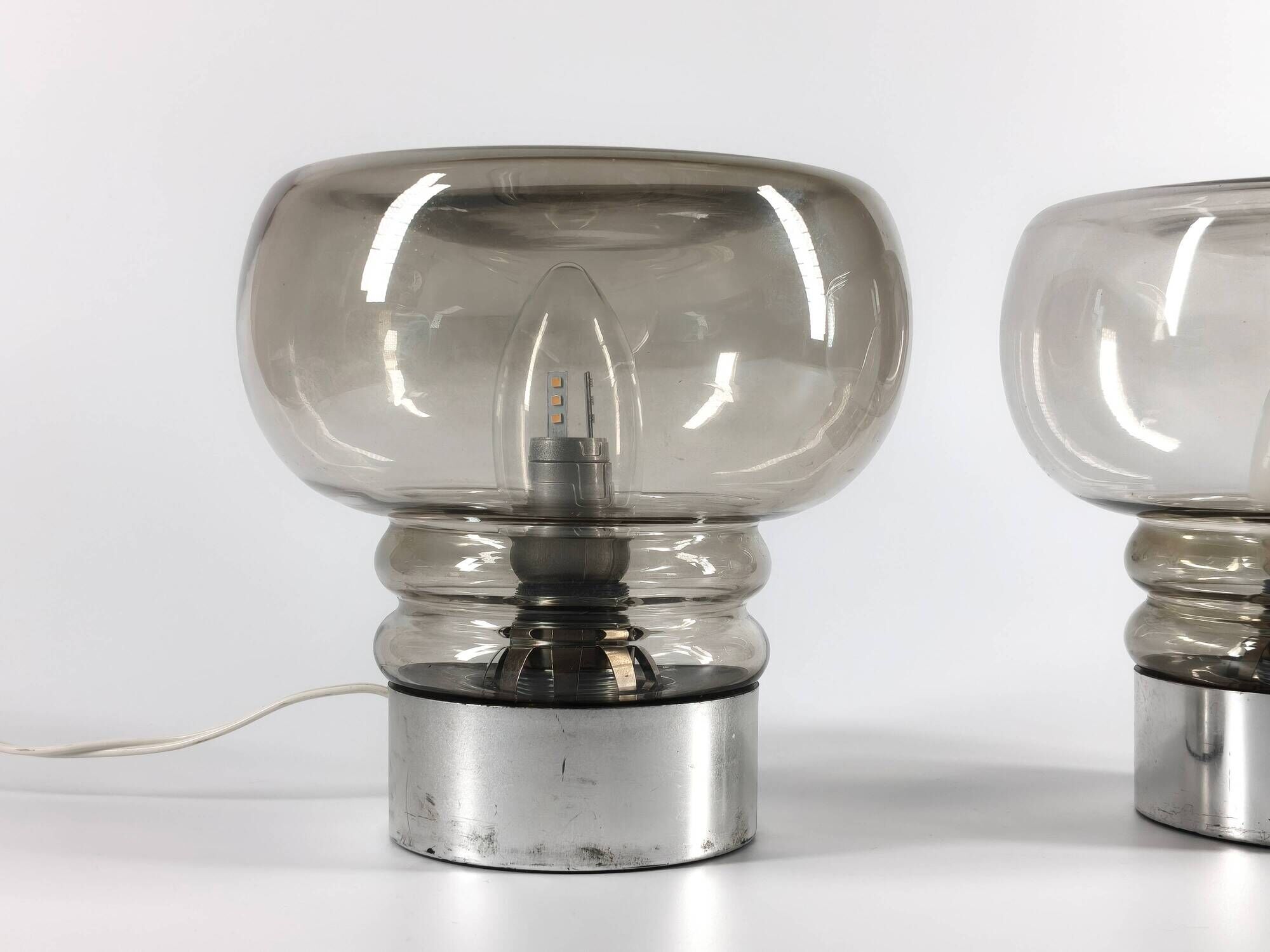 Pair of vintage 70s lamps in smoked glass – retro design lighting