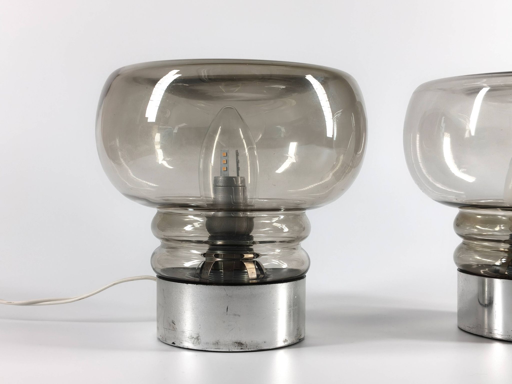 Pair of vintage 70s lamps in smoked glass – retro design lighting