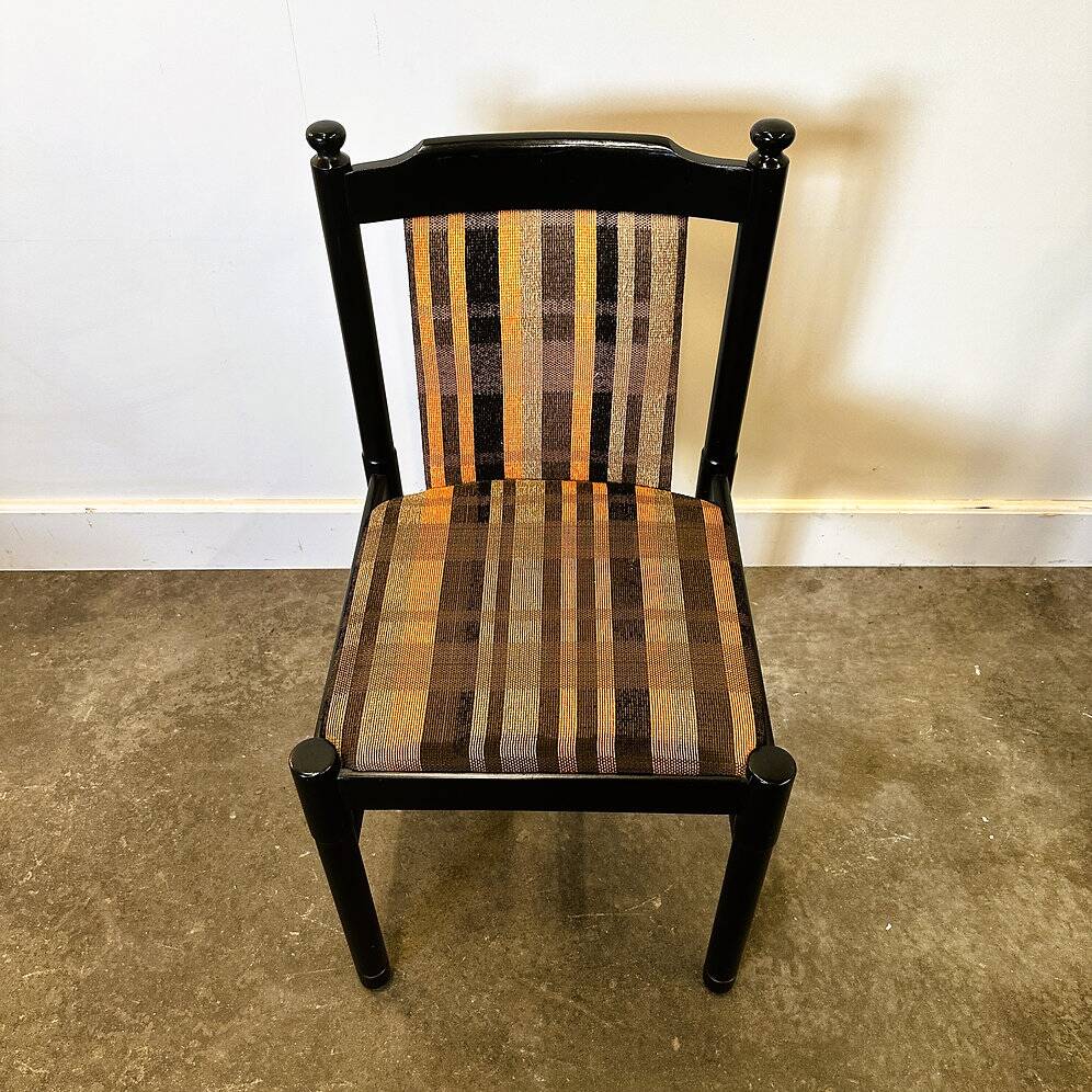 Set of 6 black lacquered chairs with the original 1970s fabric.