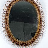 Mid-Century Shelf Console Table with Wall Mirror in rattan and bamboo. Italy 1960s