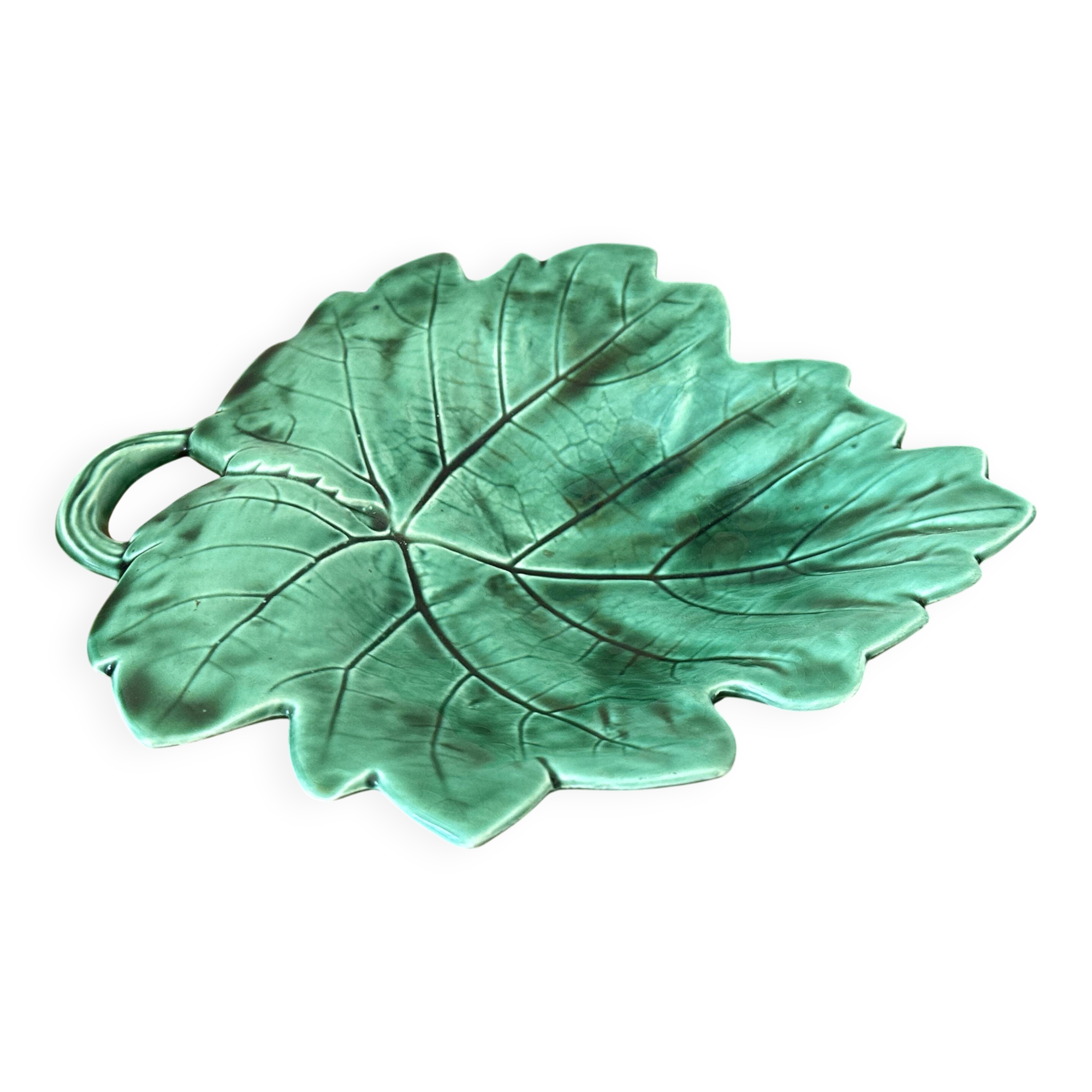 Vintage barbotine leaf faience dish empty pocket Sarreguemines