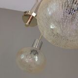 Three-globe brass chandelier in amber/vintage glass 60s-70s