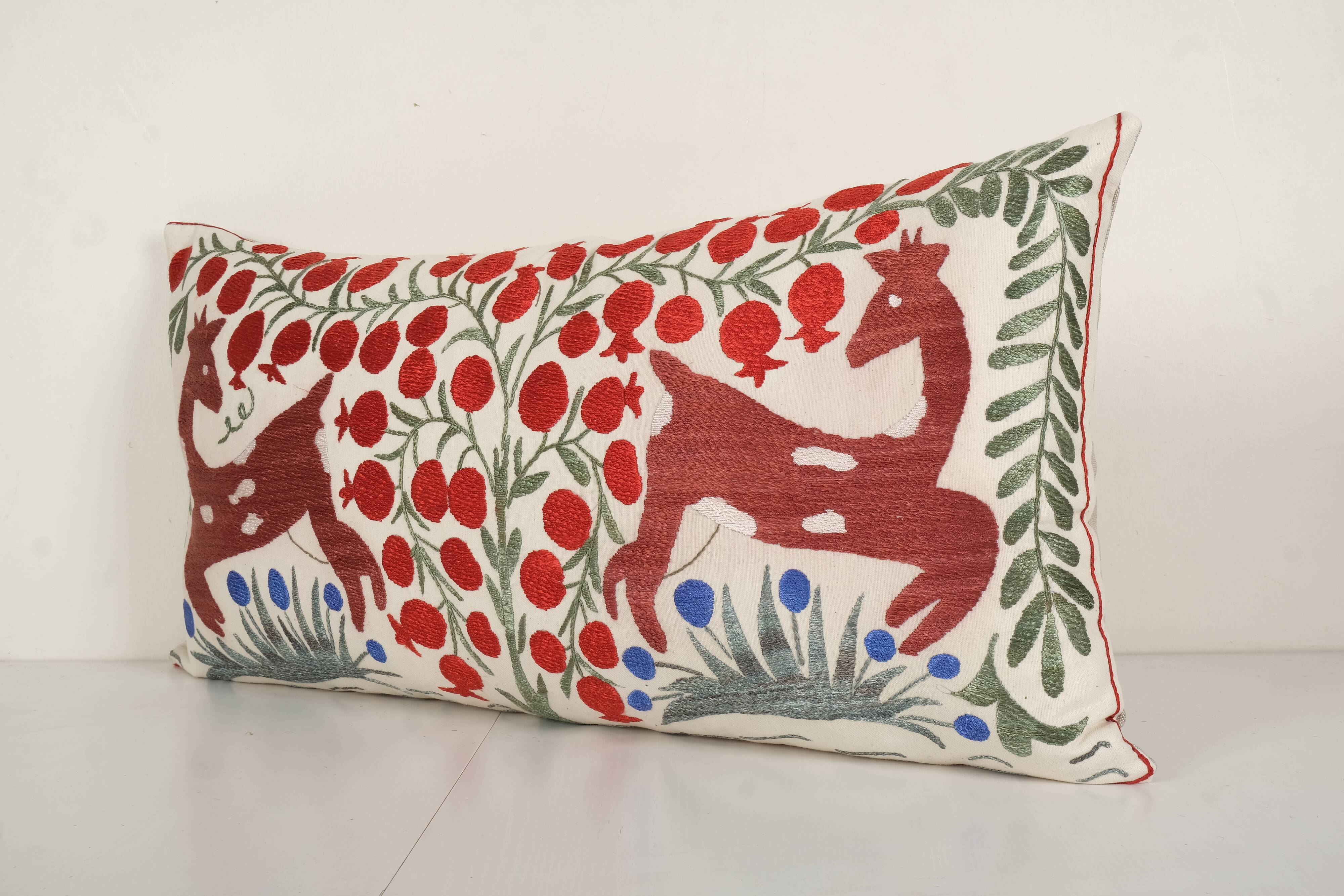 Suzani Animal Bedding Pillow Cover, Ethnic Uzbek Deer and Floral Motifs Cushion Cover, Handmade