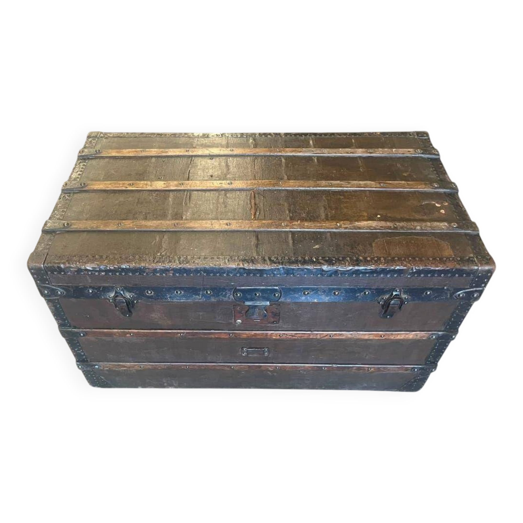 Vintage wooden coffee table with iron fittings.