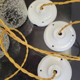 Trio of scrambled glass pendant lamps