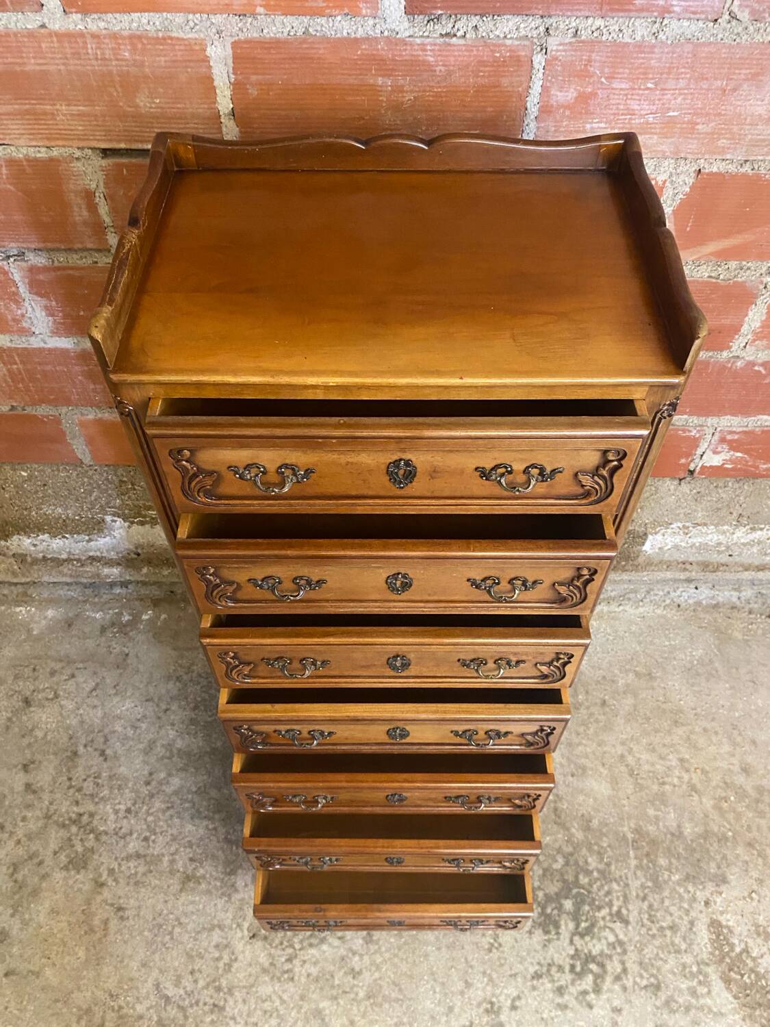 Antique louis xv style weekly chest wood 7 drawers & vintage metal handles