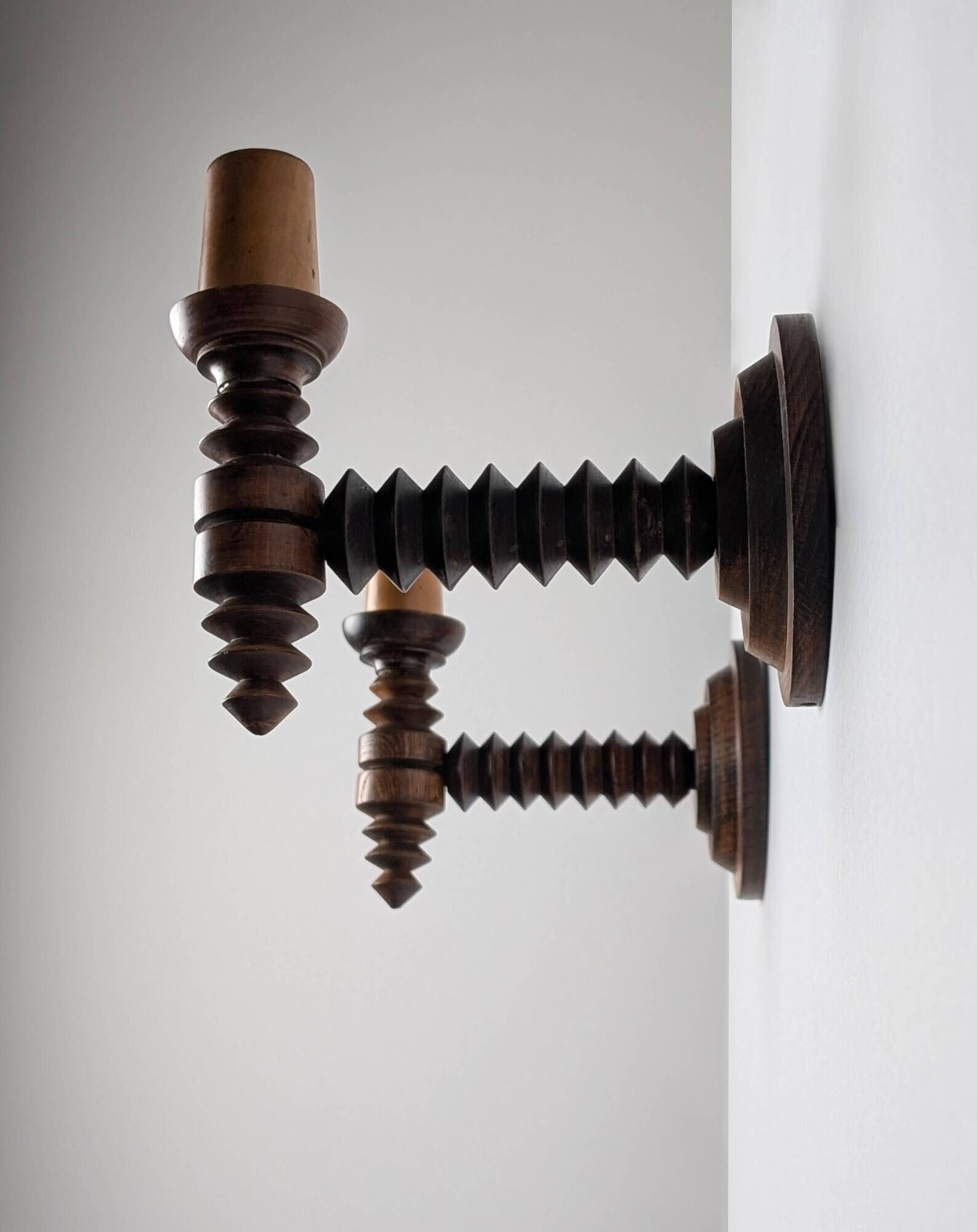 Pair of Charles Dudouyt French Turned Wood Wall Sconces, 1940s