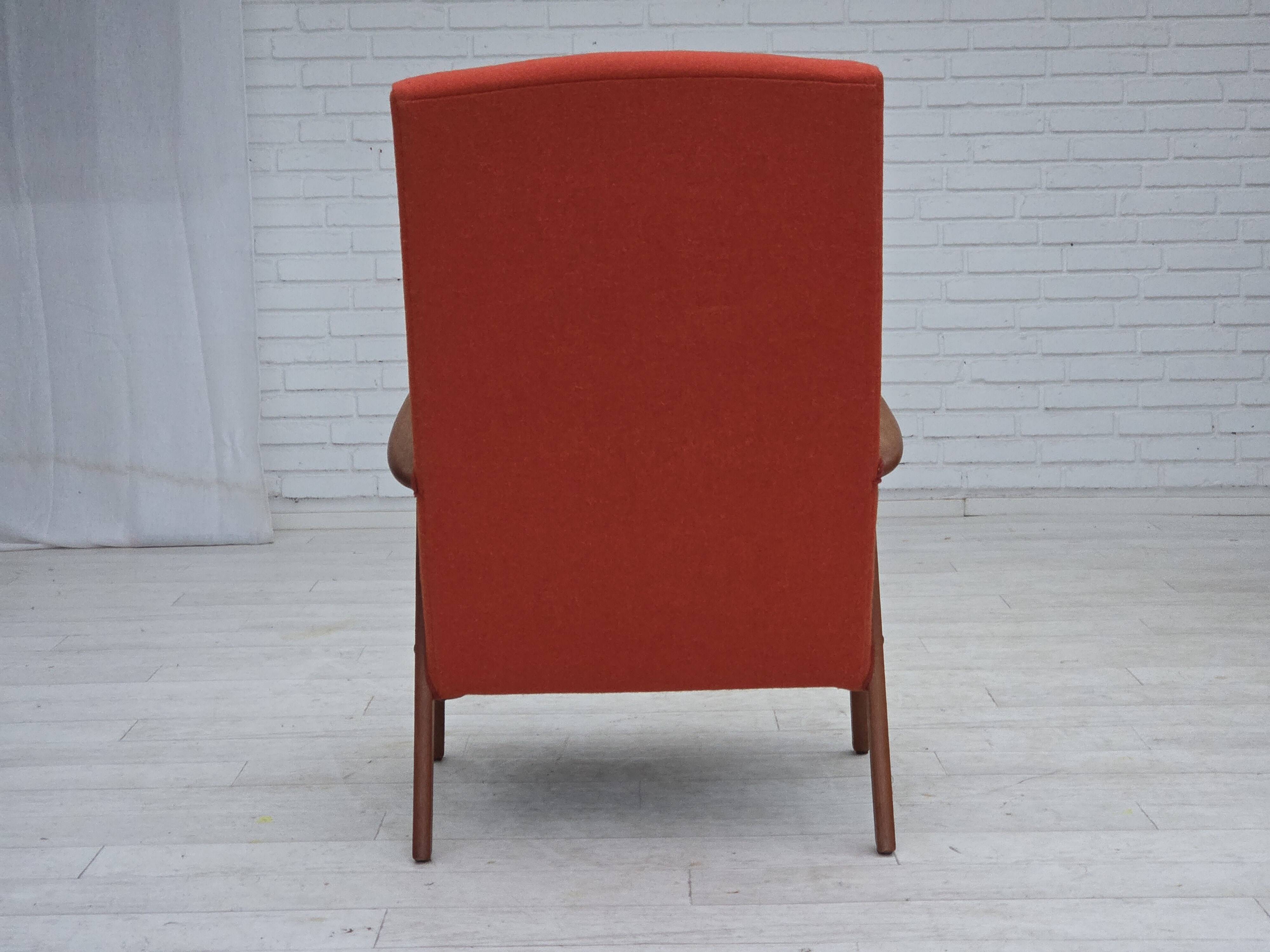 1970s, Danish highback armchair, furniture wool, teak wood, oak wood.