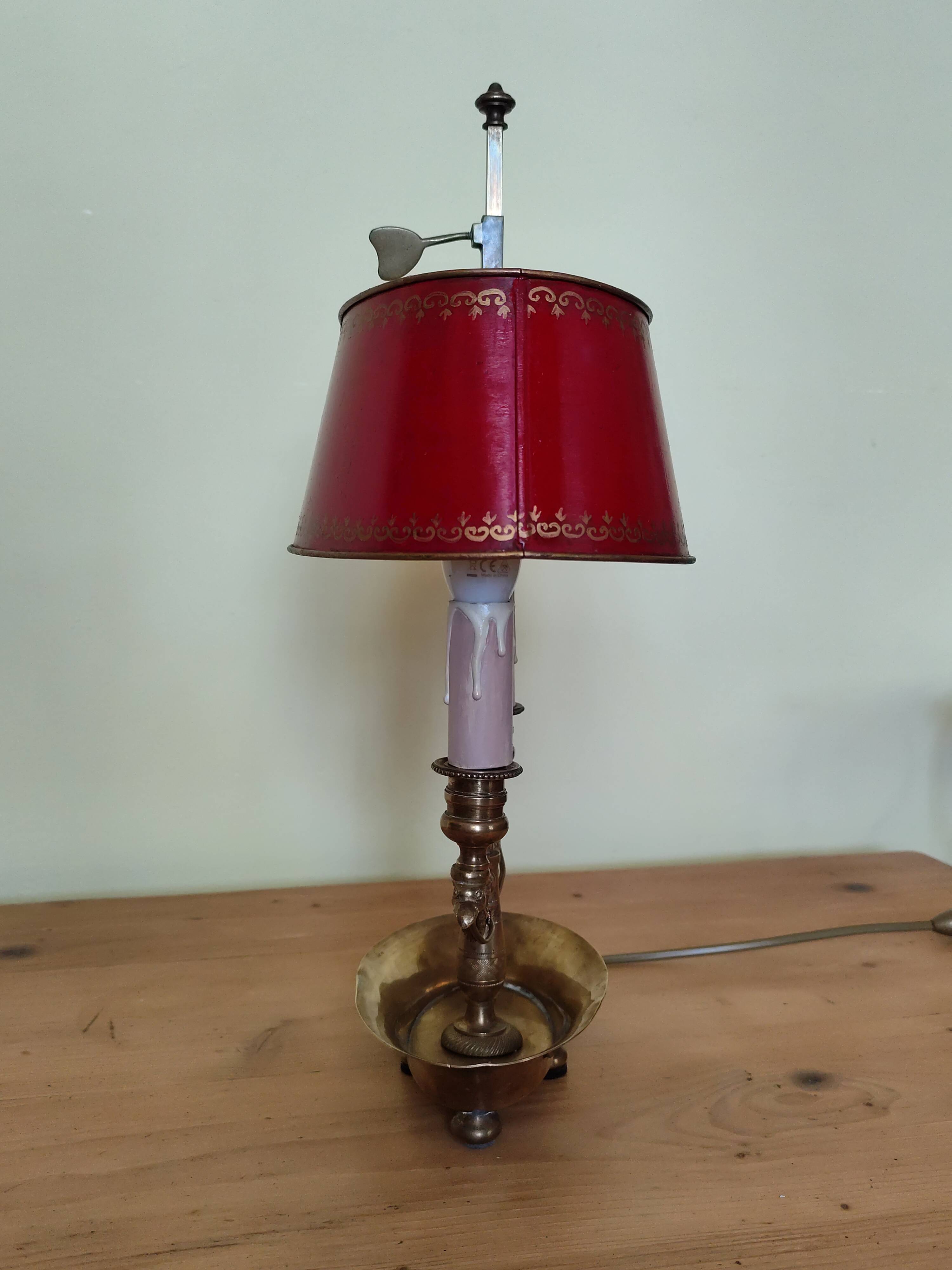 bronze and brass 2-bulb bouillotte lamp, red desk lamp