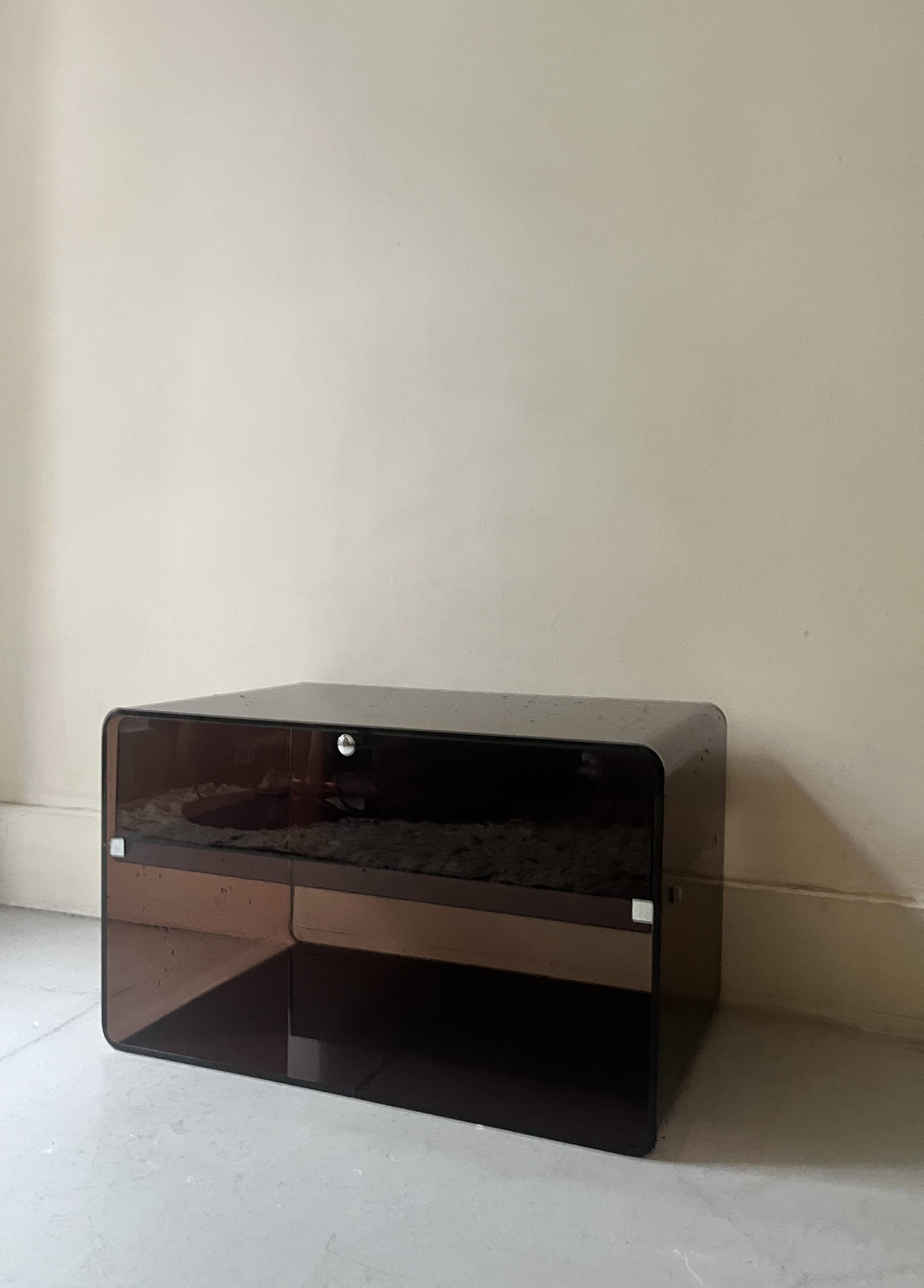 smoked plexiglass bedside / side table by M. Dumas for Roche Bobois, design 1970