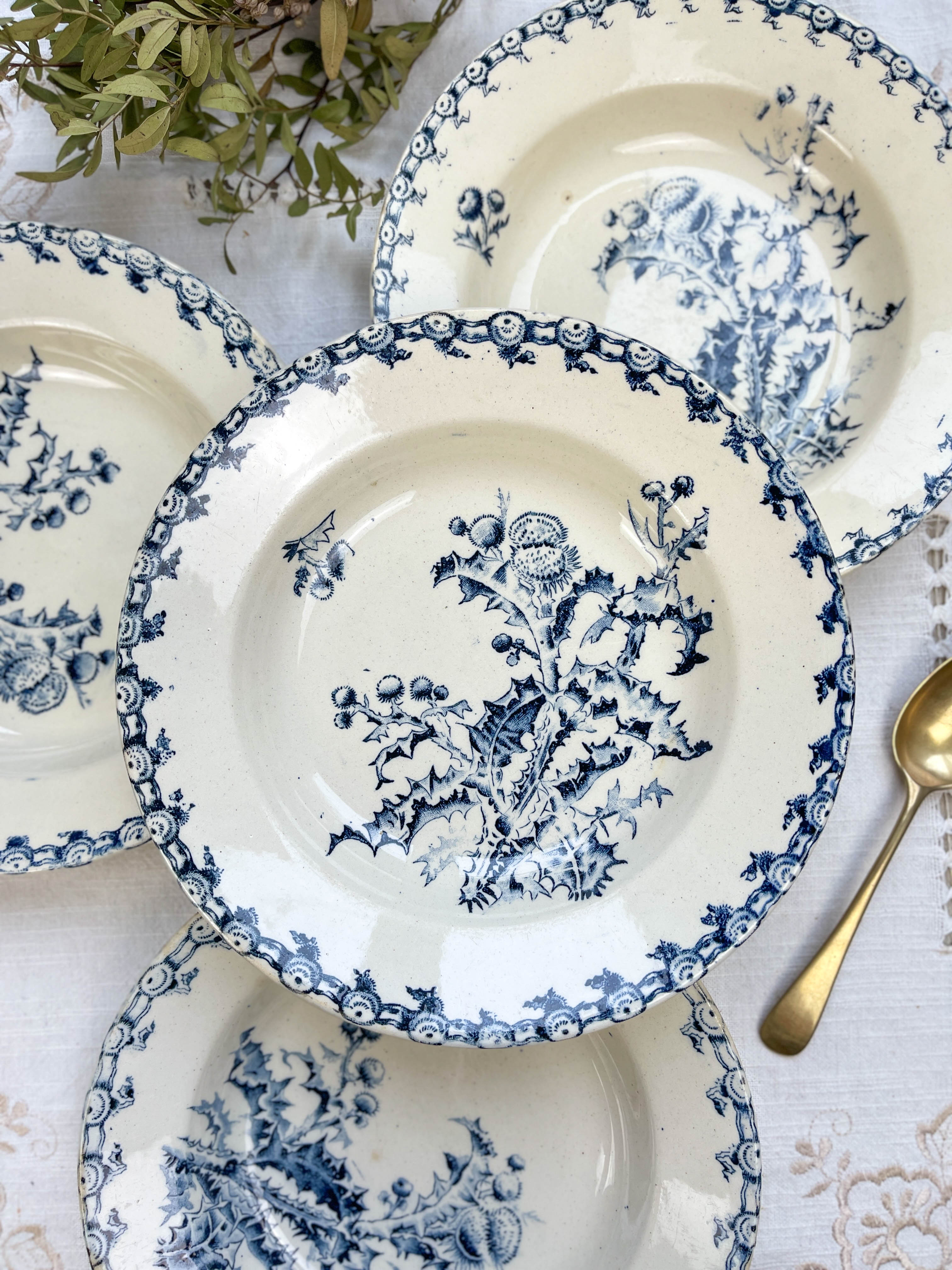 5 assiettes creuses terre de fer gien modèle chardons made in france