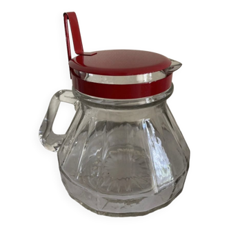 Antique Carafe pitcher jug in ribbed clear glass lid red metal