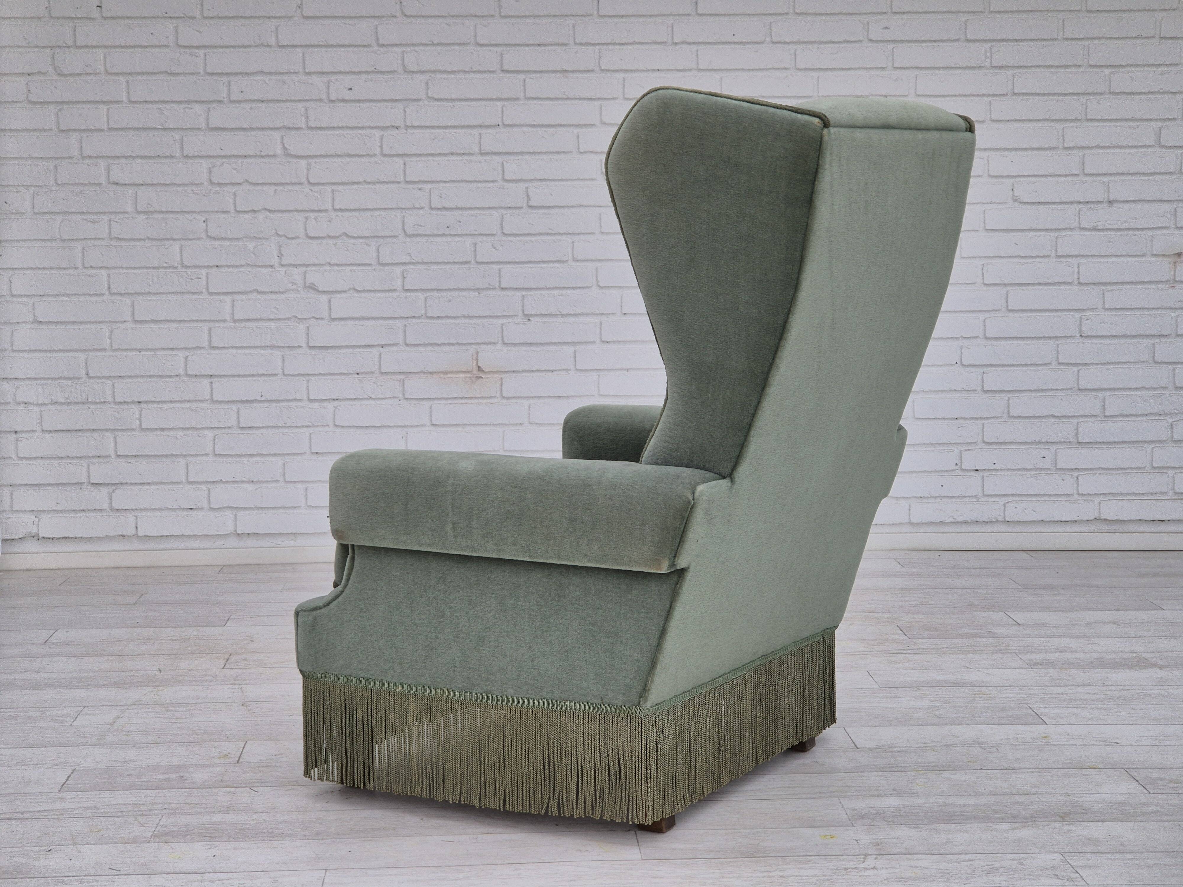 1970s, Danish wingback armchair, original condition, furniture velour, beech wood.