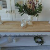 Console with pearl grey patinated base, oak top.