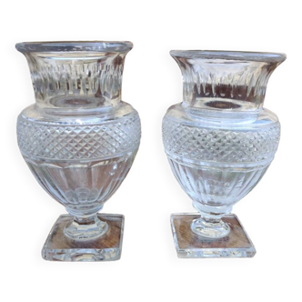 Pair of Baccarat diamond point crystal vases museum edition