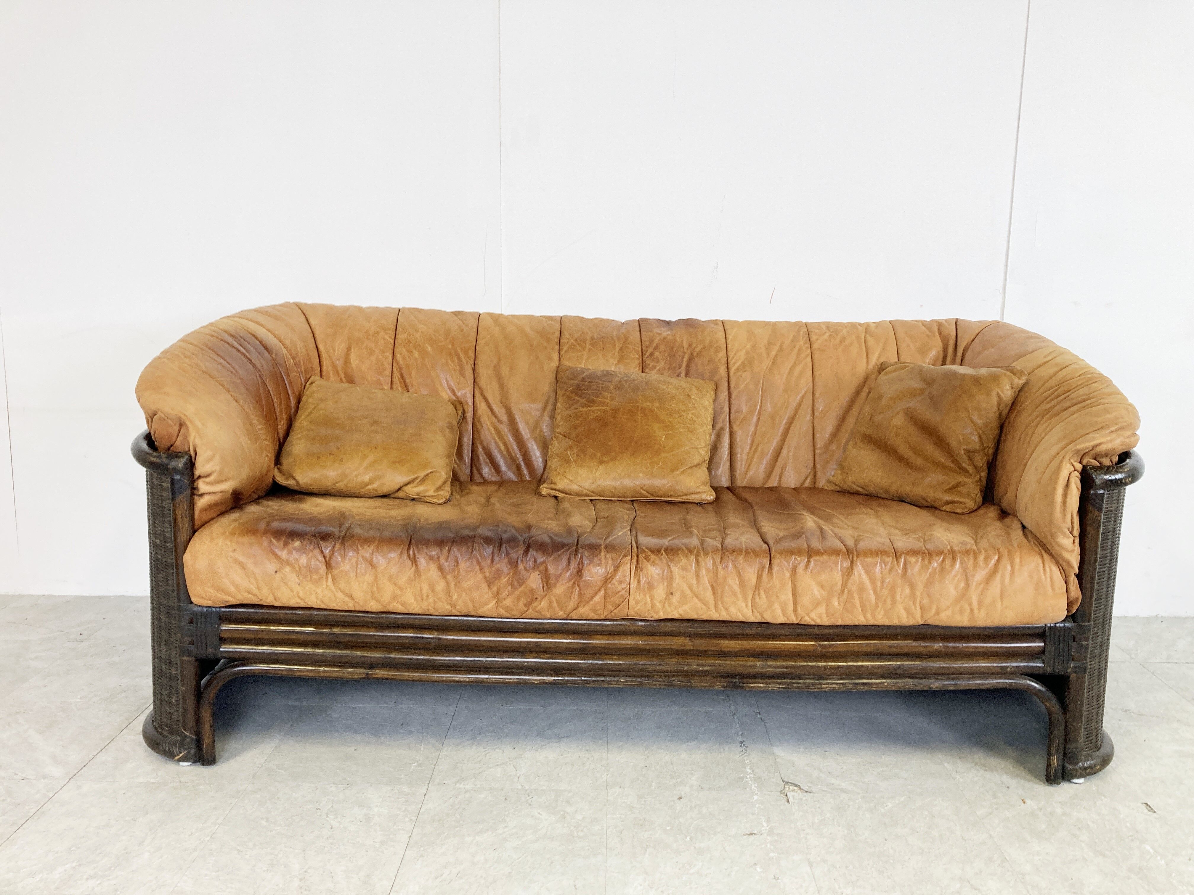 Vintage wicker and leather sofa set 1960s