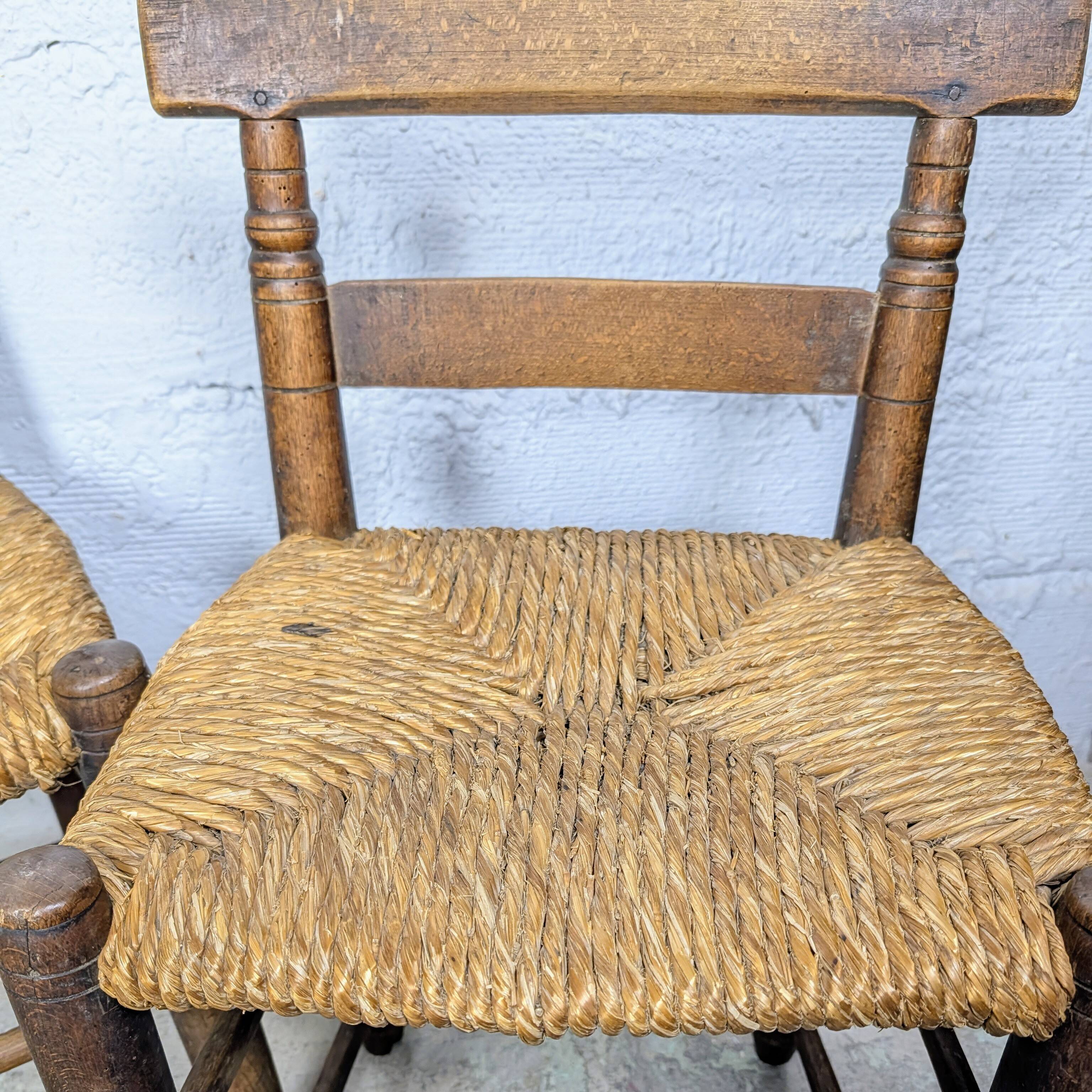 Pair of turned wooden farm chairs with straw - 19th century