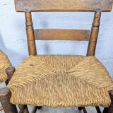 Pair of turned wooden farm chairs with straw - 19th century