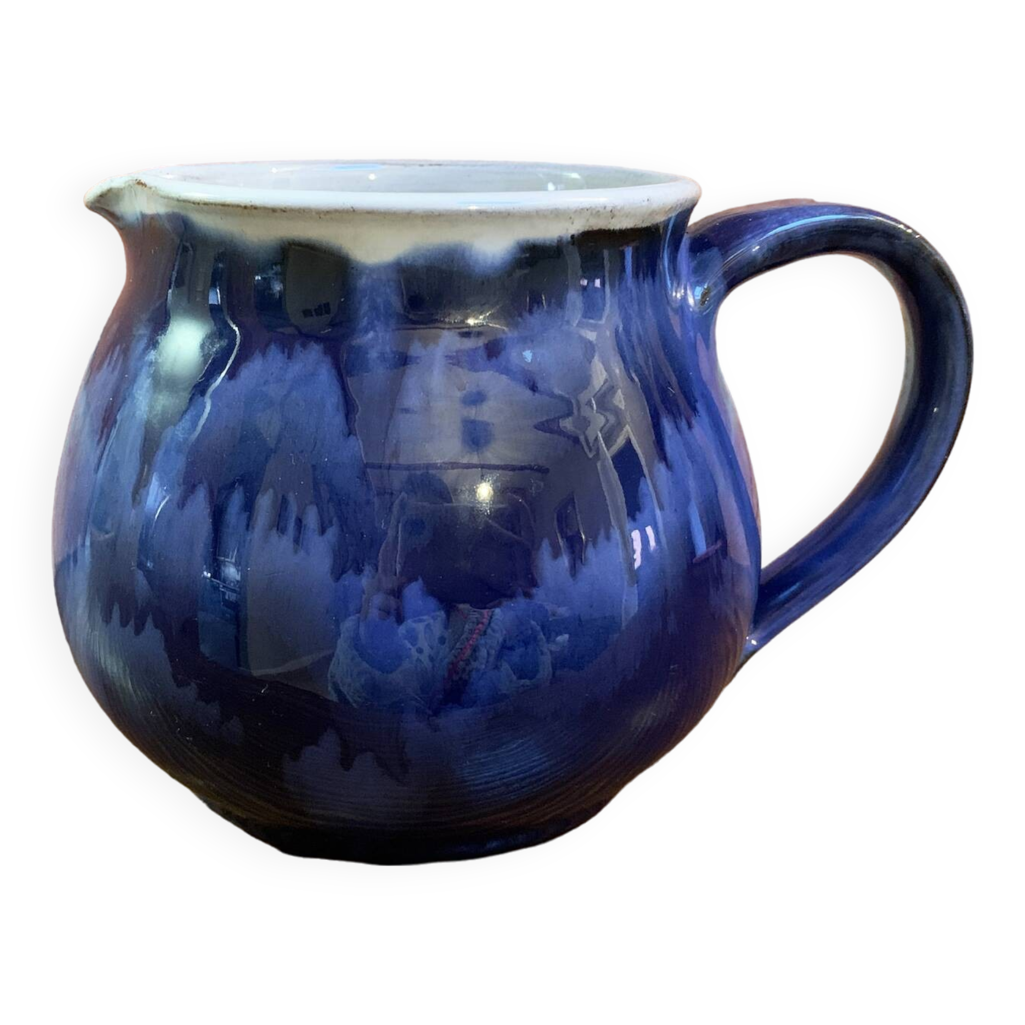 Navy Blue and White German Pitcher Made in Rügen, Drip Glaze Pottery
