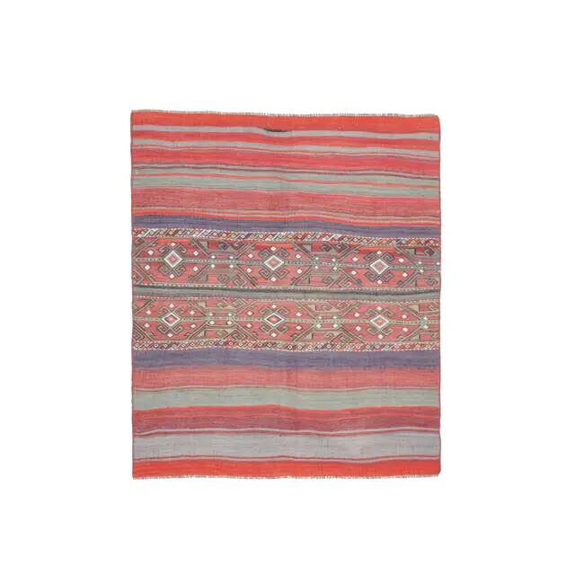 1970s Turkish hand-knotted wool cotton red kilim area rug 123x145