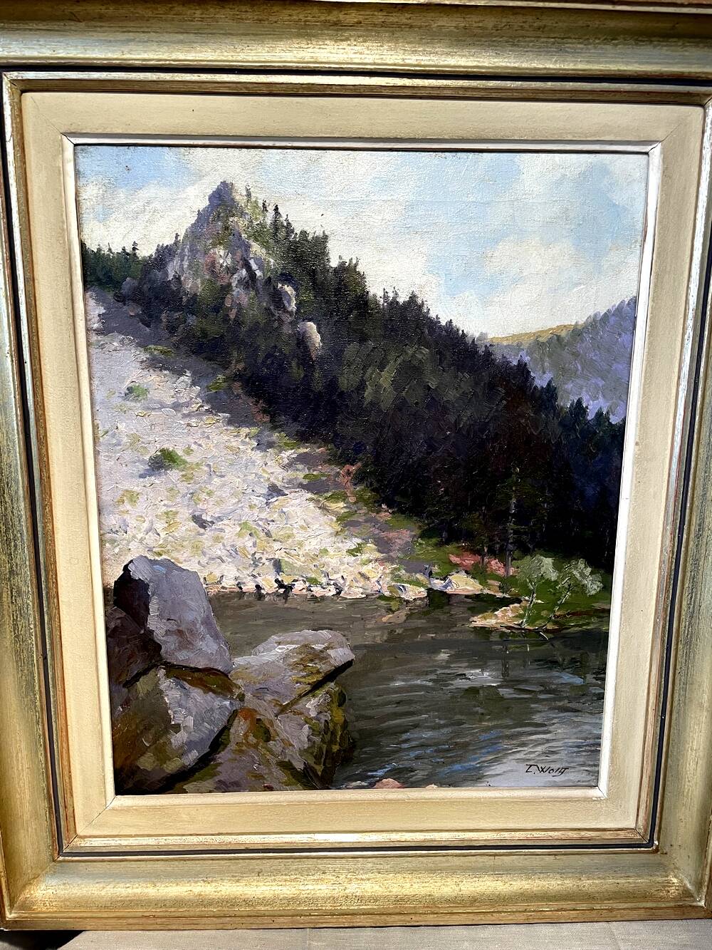 Oil on canvas representing a lake signed lucien wolff alsacian painter