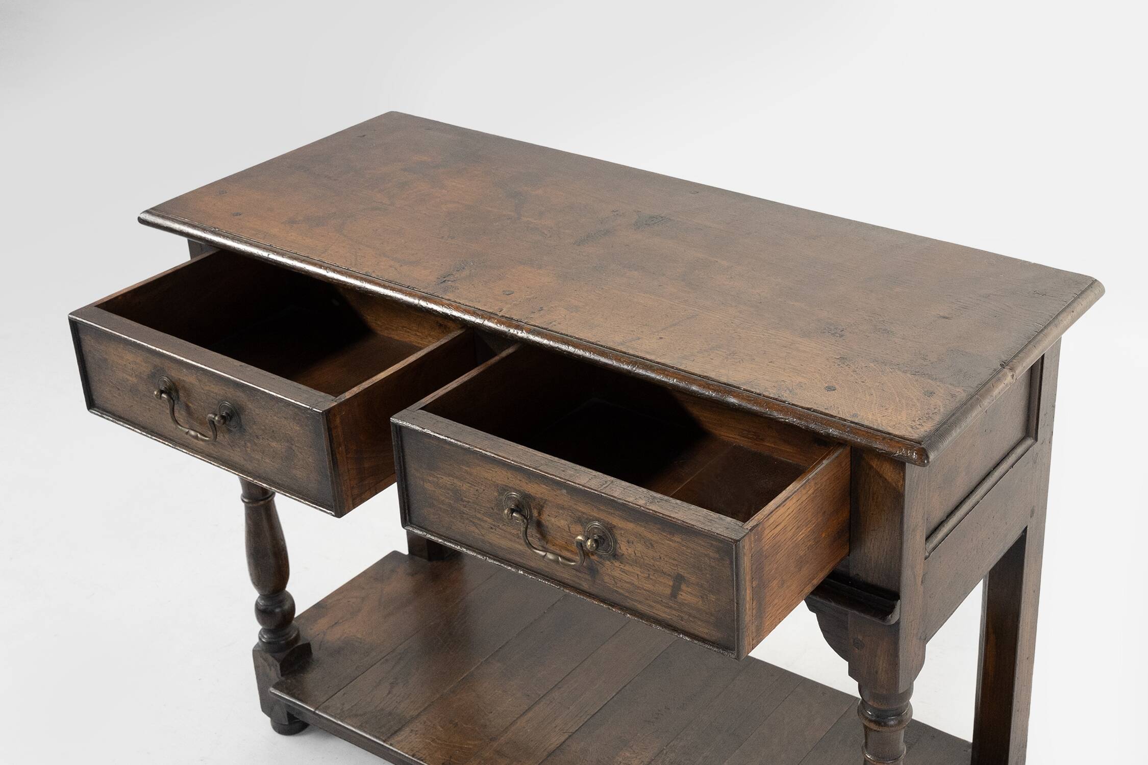 French 20th century oak side table with 2 drawers, ca. 1960