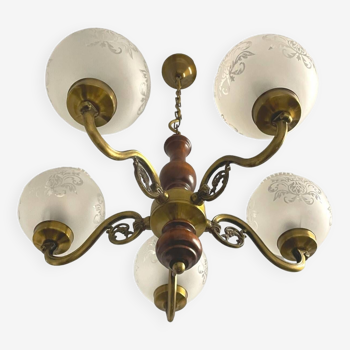 5-branched chandelier in bronze and wood
