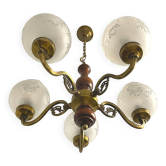 5-branched chandelier in bronze and wood